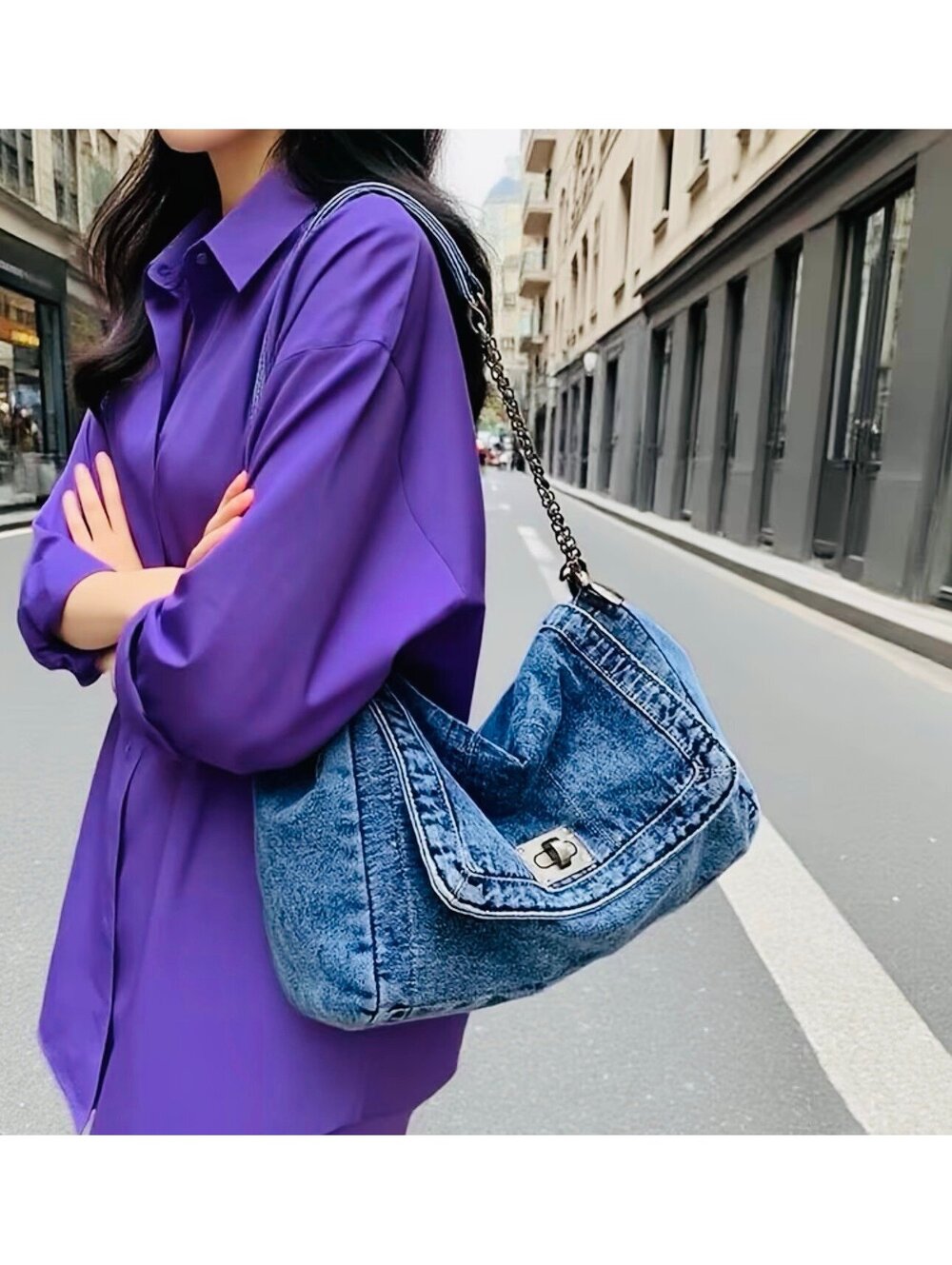 New -Vintage Style -Distressed Denim Shoulder Bag w/Chain Strap - Med Blue